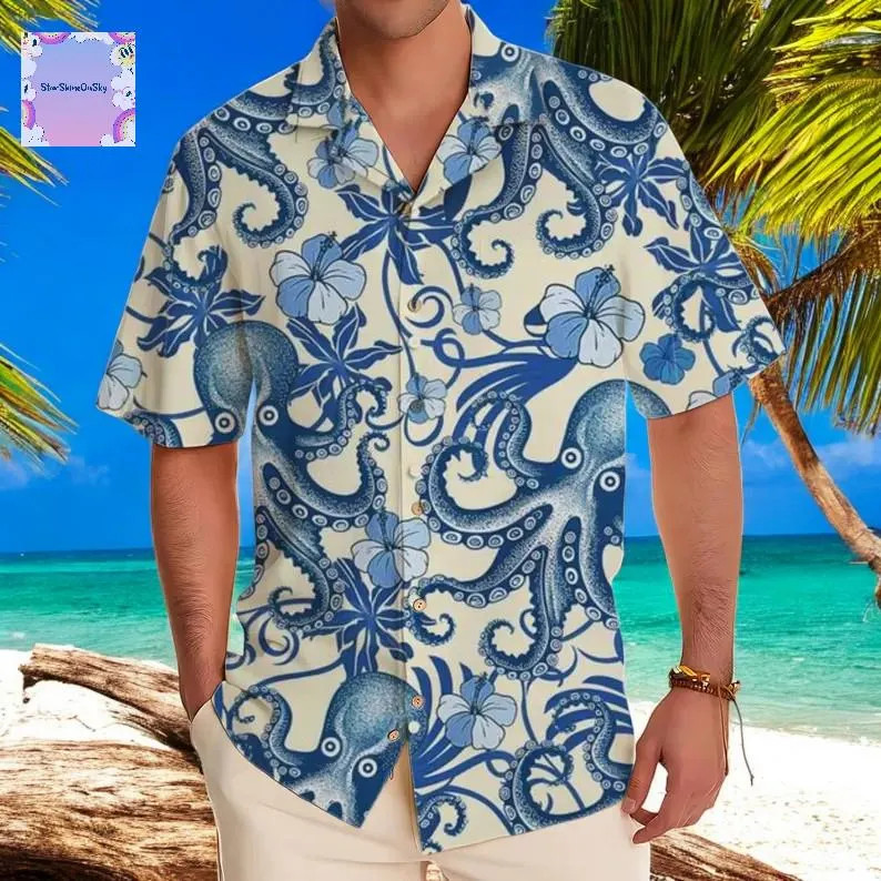 Octopus Hawaii Shirt Ocean Beach Button Up Aloha Summer Vacation