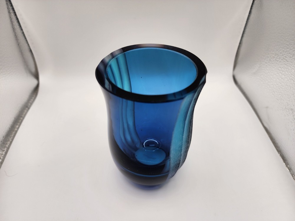 Vintage Villeroy & Boch Jewels Blue Etched Glass Vase Signed