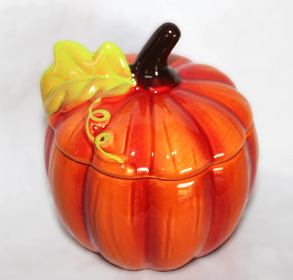 Elegant Ceramic Green Leaf Orange Pumpkin Candy Dish - Treat Cookie Jar