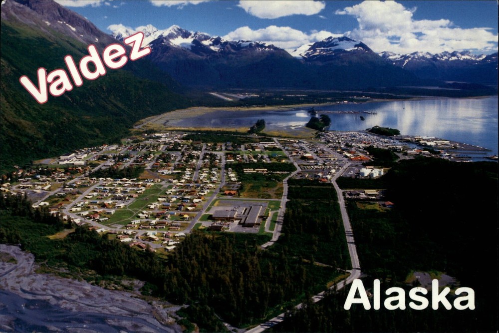 Valdez Alaska lake aerial view mountains snow capped unused vintage postcard