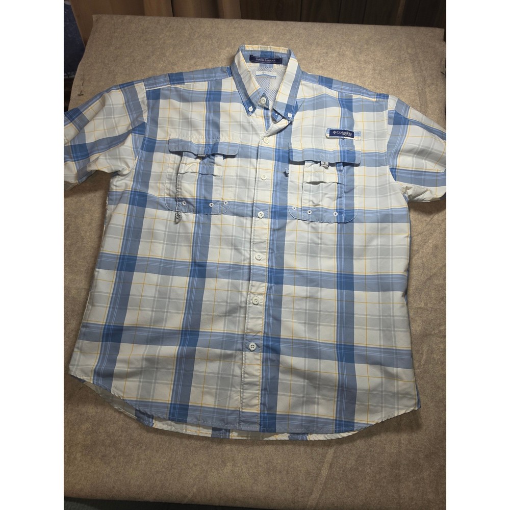 Columbia PFG Mens Blue Plaid Short Sleeve Fishing Shirt Omni-Shade FM7190 XL