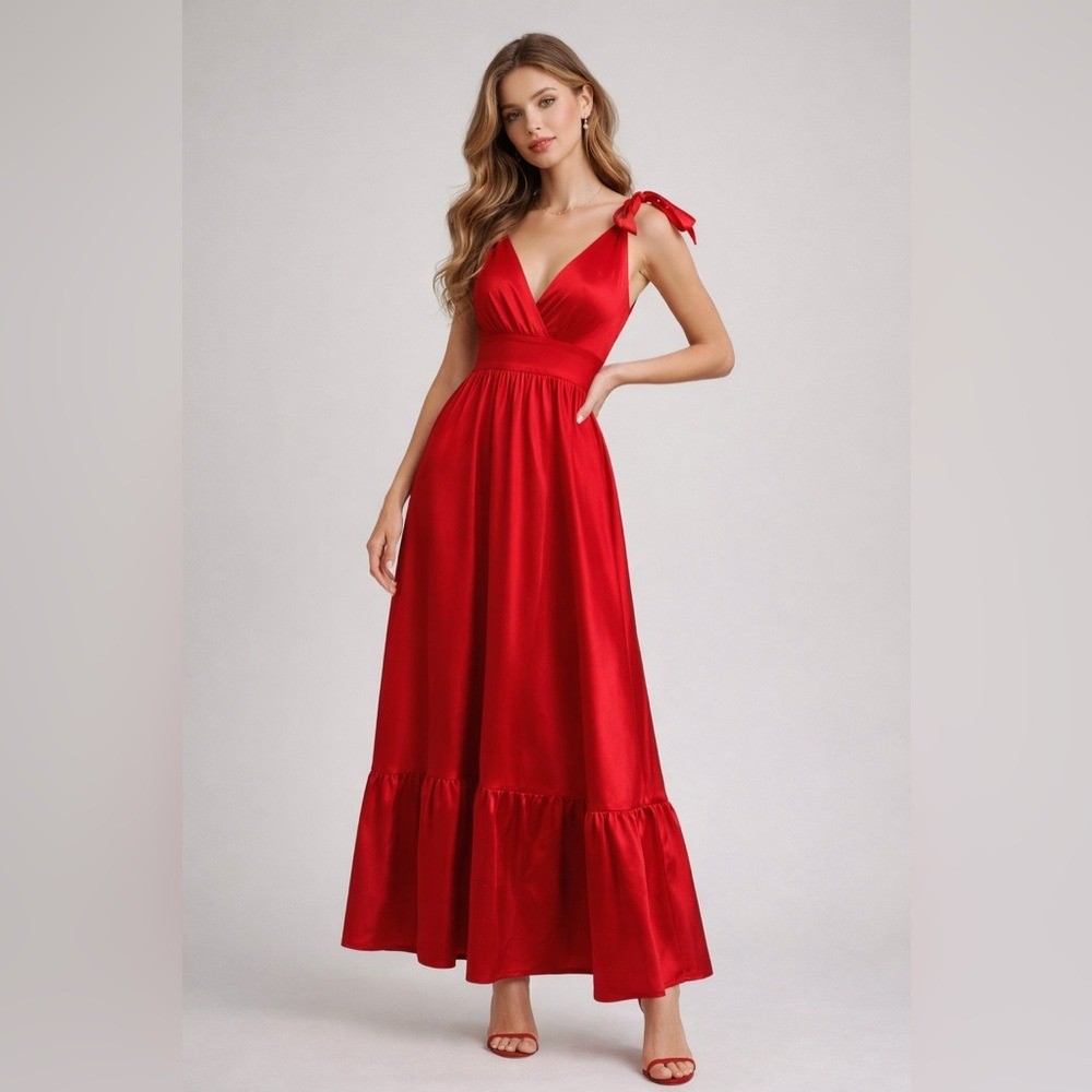 Lulus Red Satin Maxi Dress Tie Strap Deep V Romantic Valentine Wedding Guest S