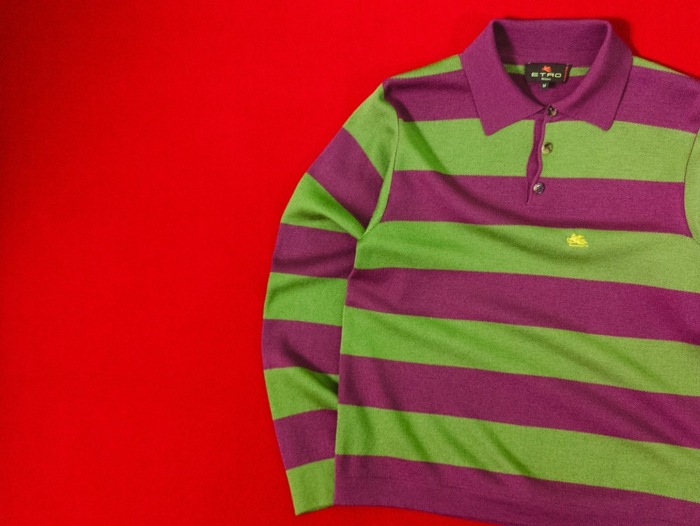 ETRO Men 100% Virgin Wool Purple Green Collared Sweater Size M / 48 Polo Jumper
