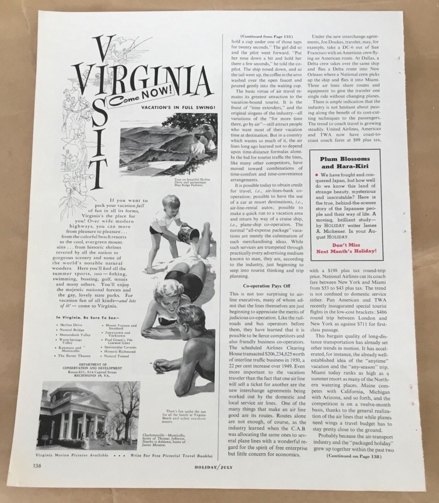 Virginia tourism vintage print ad 1952 decor art 1950s illustration retro travel