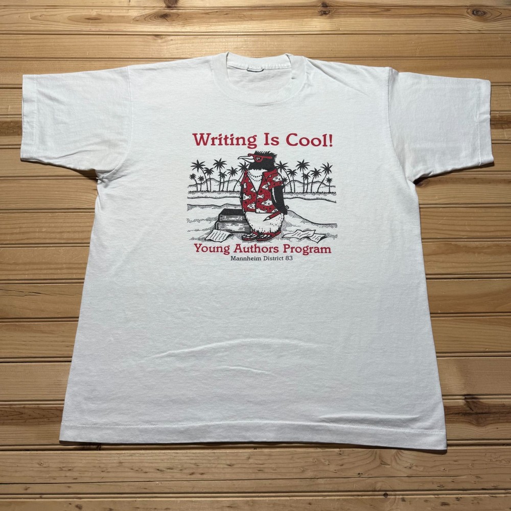 Vintage 80s Young Authors Program Mannheim Penguin Art Writing T-Shirt - Large