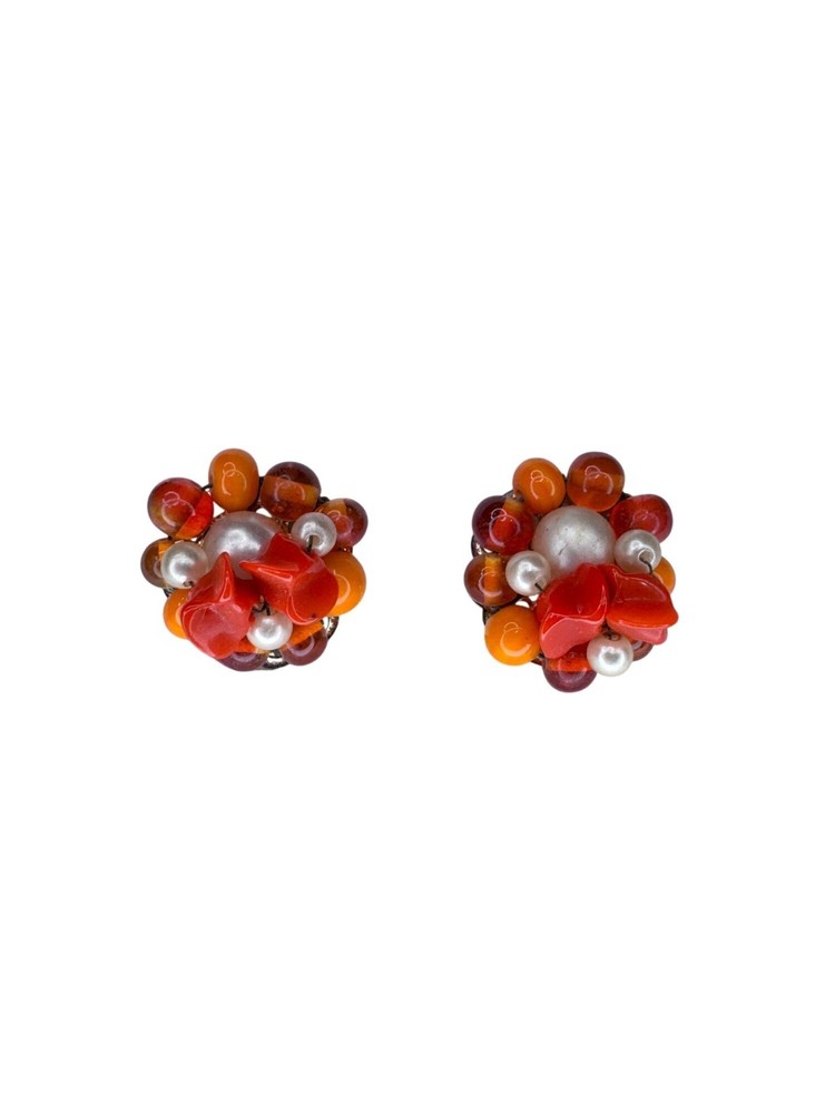 Japan Cluster Clip on Earrings Orange Glass Faux Pearl 1950s Vintage