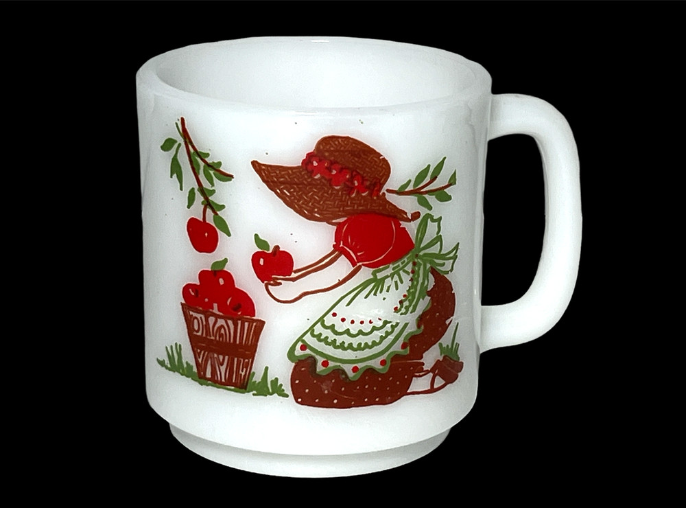 VTG GLASBAKE Give What You Have Milk Glass Bonnet Girl Picking Apples Coffee Mug