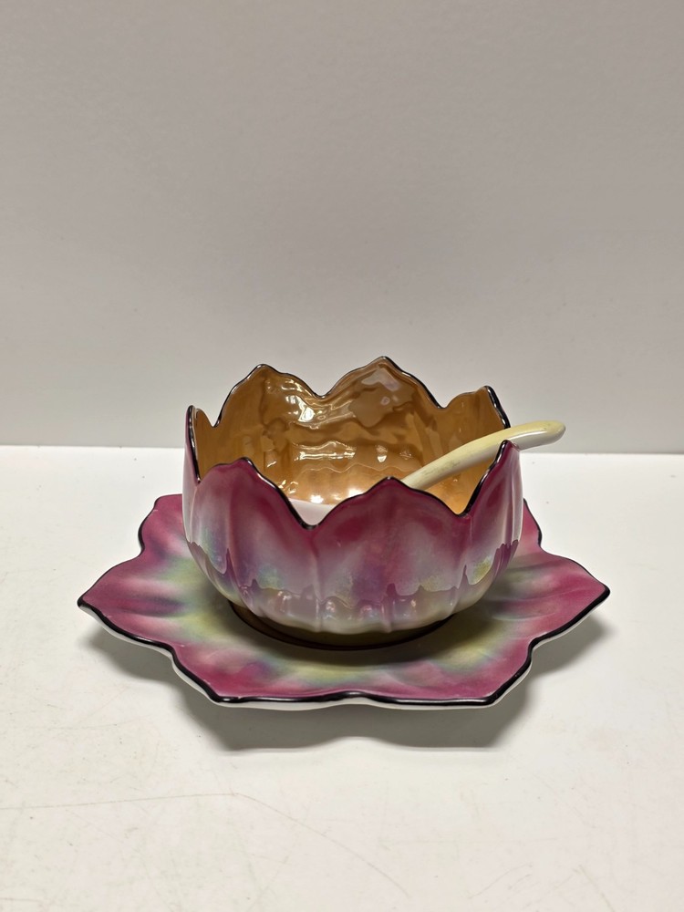 Vintage TA Japan Lotus Lusterware Bowl Saucer Spoon Set Iridescent Pink Gold