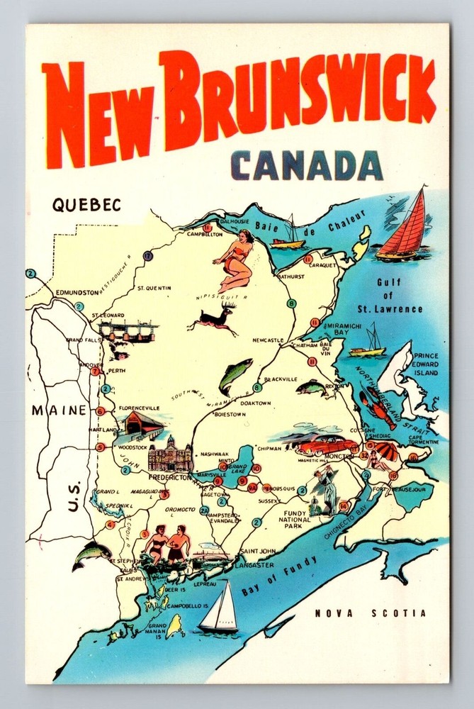 New Brunswick-Canada, Map And Landmarks Of Province, Antique, Vintage Postcard