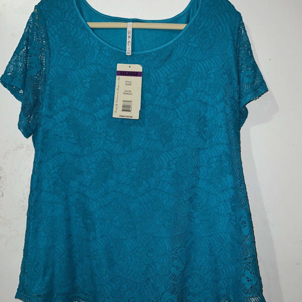 Crochet Lace Top Lined Turquoise Blue Short Sleeved Leo & Nicole L Career Casual