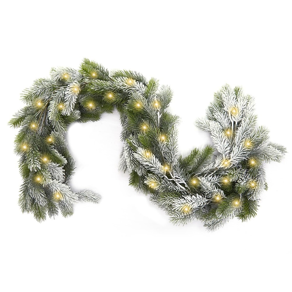 9 Ft Real Touch Norfolk Snow Pine Garland with Lights for Mantle and Table Decor