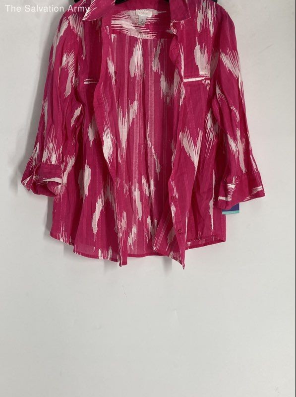 Chico's Womens Pink White Ikat 3/4 Sleeve Spread Collar Button-Up Shirt Size 2