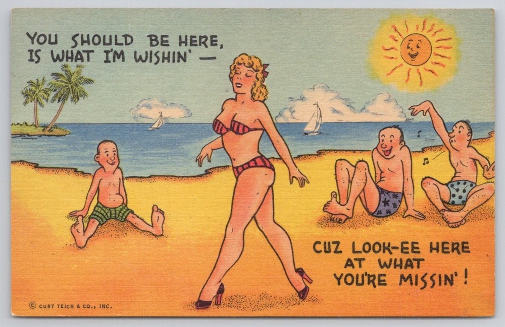 Vintage Florida Beach Comics Postcard - Risque Bikini Woman & Sun Fun