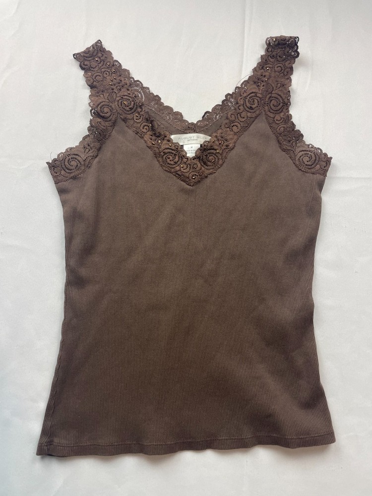 August Silk Tank Top Size Medium Brown V-Neck Lace Trim Ribbed Y2K 90s Casual