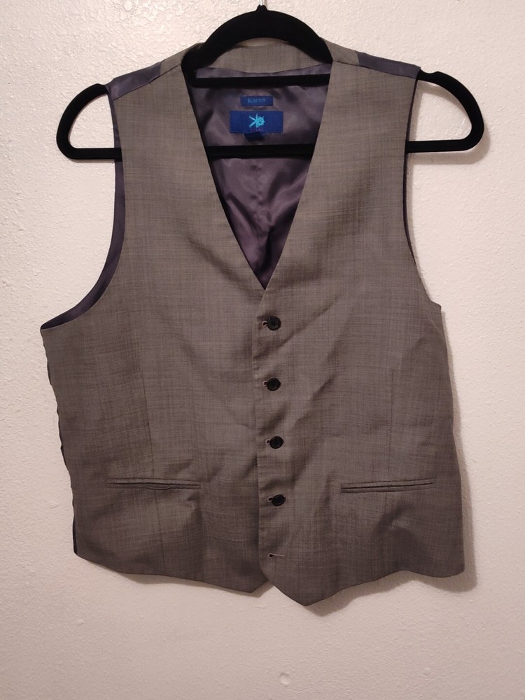 Egara Vest Mens Large Gray Slim Fit Wool Suit Stretch 5 Button Front Sleeveless