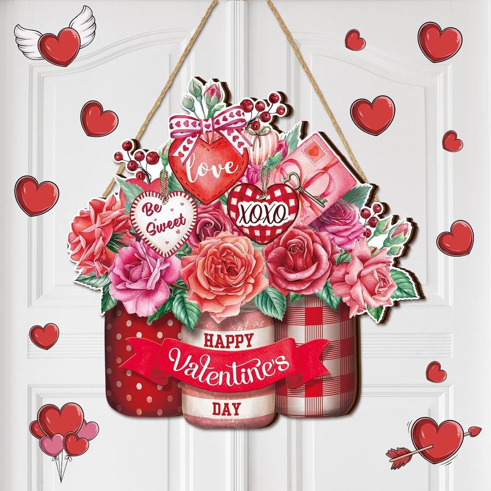 Valentine'S Day Wooden Door Sign Hanger Rose Hanging Door Decor Sweet Love Front