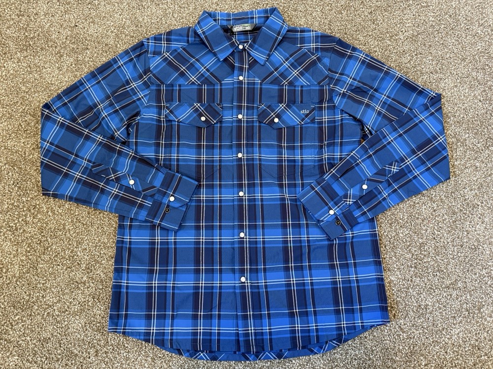 Stio Men's Eddy Long Sleeve Pearl Snap Plaid Shirt Navy Blue Small New $120