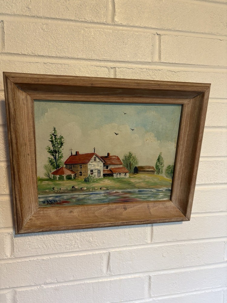 Vtg Framed Original Oil Painting Farmhouse On A River Signed By H A Koop 12”x15