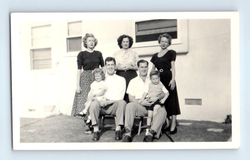 Old Vintage Photo WOMEN MEN BOY AND GIRL IN YARD BY HOUSE ANTIQUE SNAPSHOT