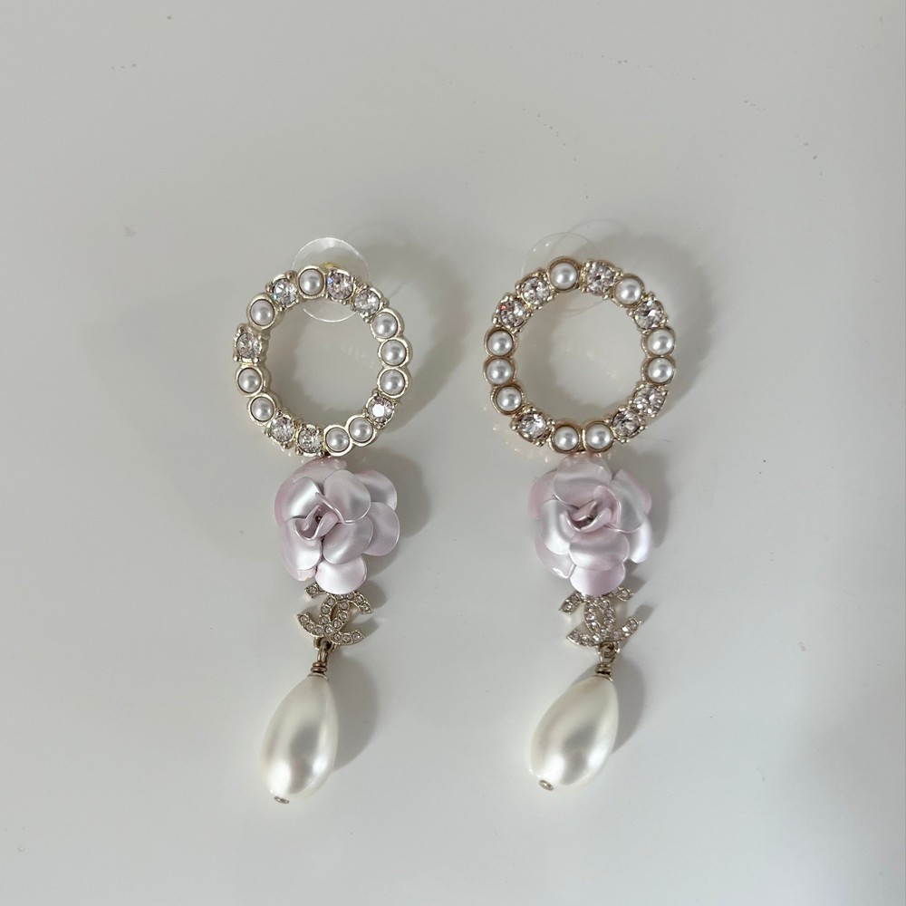 Chanel Camilia CC Crystal Faux Pearl Round Dangle Long Earring
