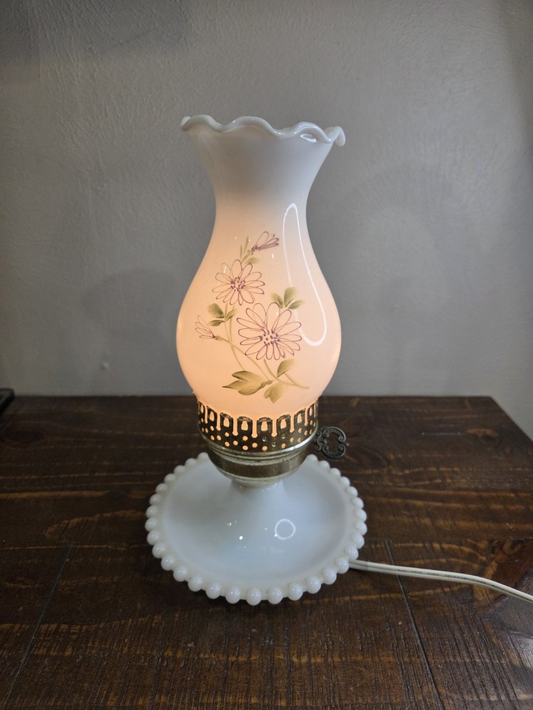 Vintage Milk Glass Hobnail Boudoir Lamp Hand Painted Flowers