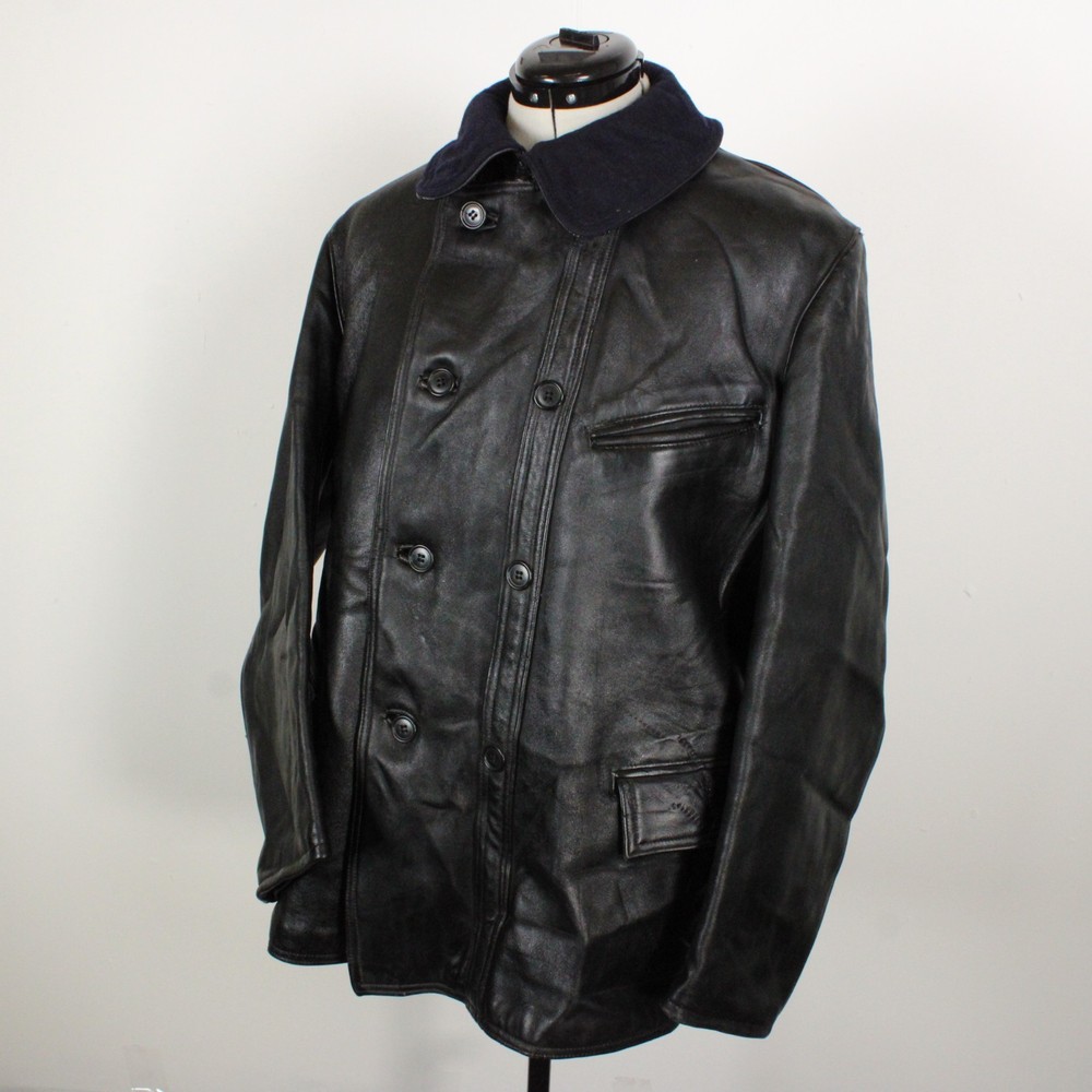 Vintage French Le Corbusier Leather Work Jacket Mens M/L Black Wool Collar