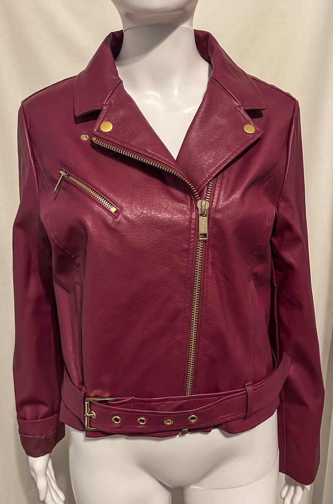 CHAQUETA MOTO MICHAEL KORS TALLA M BERRY BORGOÑA IMITACIÓN CUERO DETALLES DORADOS GÓTICA