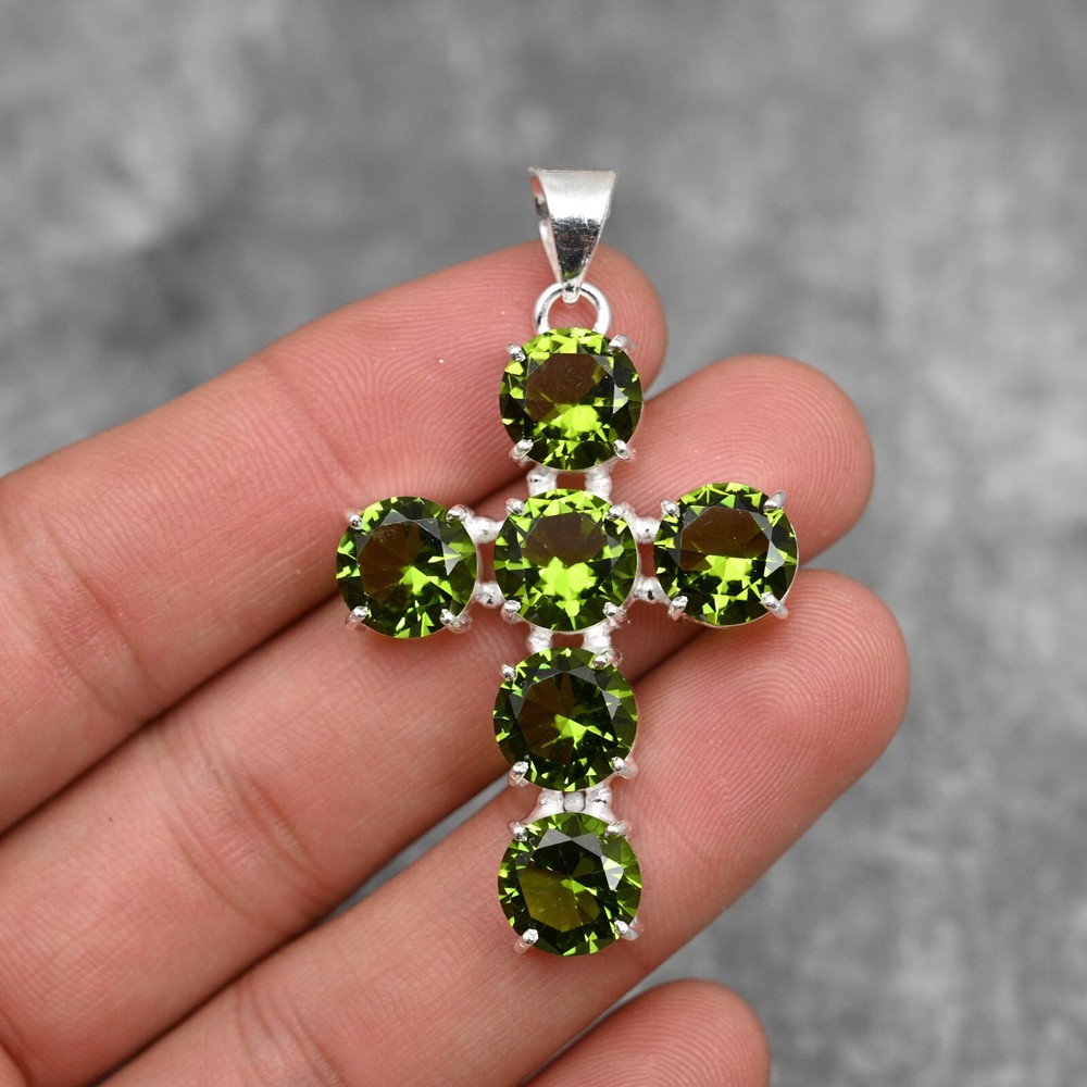 Dainty Peridot Gemstone Cross Pendant 925 Sterling Silver Handmade Jewelry Gift