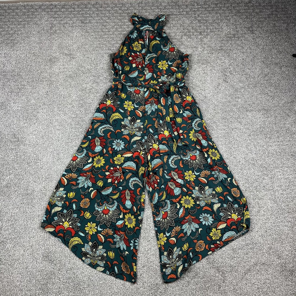 Anthropologie Jumpsuit Womens Small Green Floral Halter Wide Leg Pockets Belted