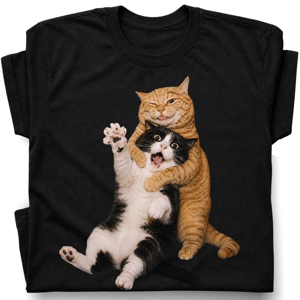 Funny Orange Cat Hugging Scared Cat  T-Shirt Humor Cat Meme Tee