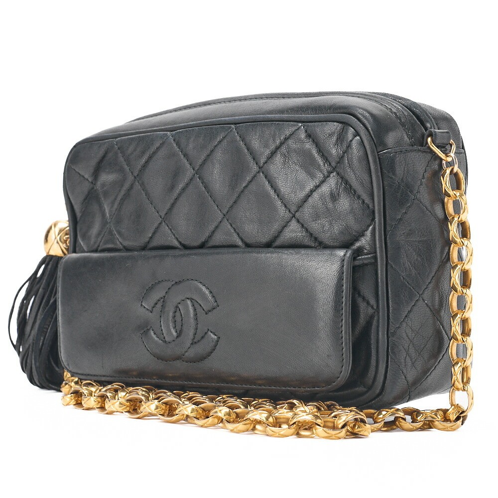 CHANEL Coco Mark Fringed Bijou Chain Shoulder Bag in Black Lambskin 9105