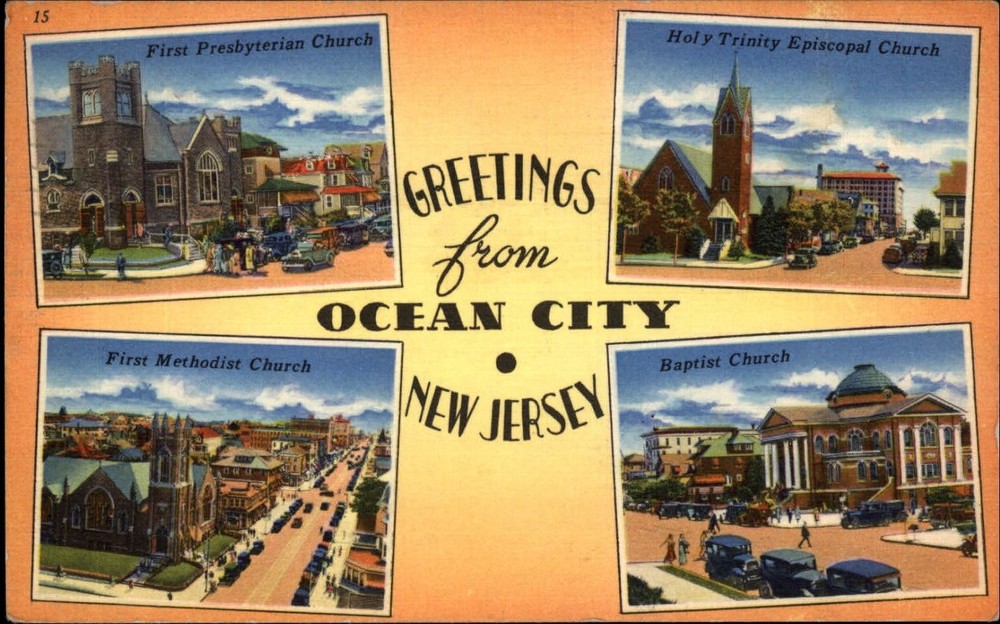 Greetings from Ocean City New Jersey multiview churches ~ linen postcard