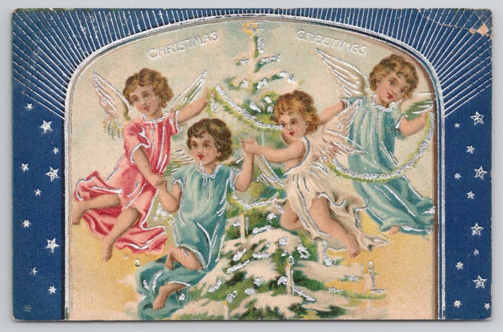Raphael Tuck Christmas Angels & Tree Embossed Glitter Postcard c1910