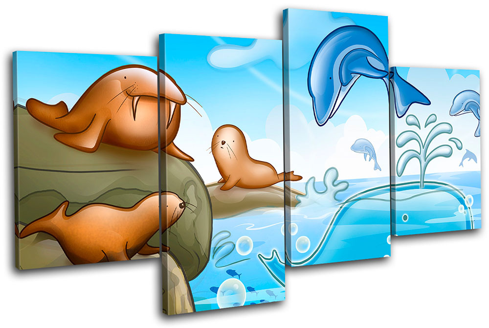 Dolphin Walrus Seal For Kids Room MULTI CANVAS WALL ART Picture Print VA