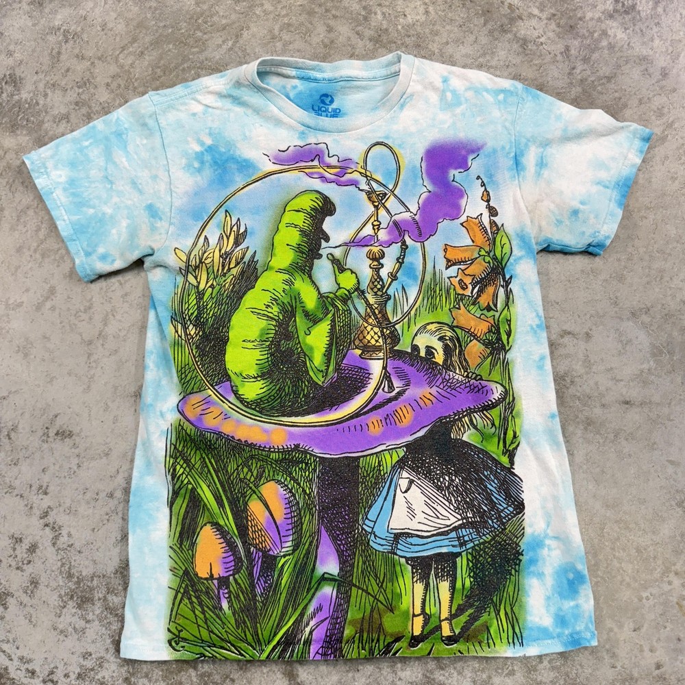Alice In Wonderland Shirt Mens Small Tie Dye Liquid Blue Caterpillar Graphic Tee