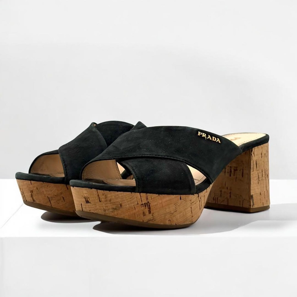 Prada Authentic Pre-Owned Black Suede Cork Heel Sandals 23cm Women