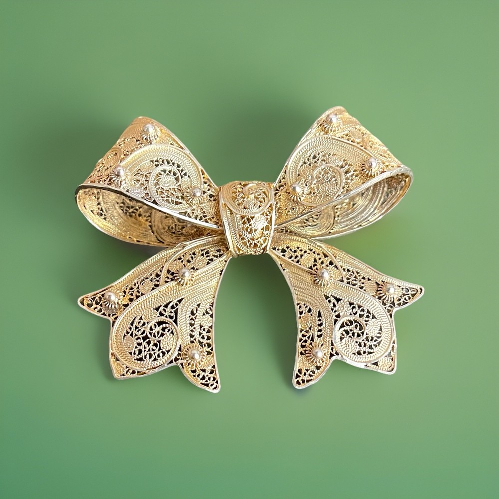 Vintage Gold Filigree Bow Brooch 6cm Metal Fashion Unisex