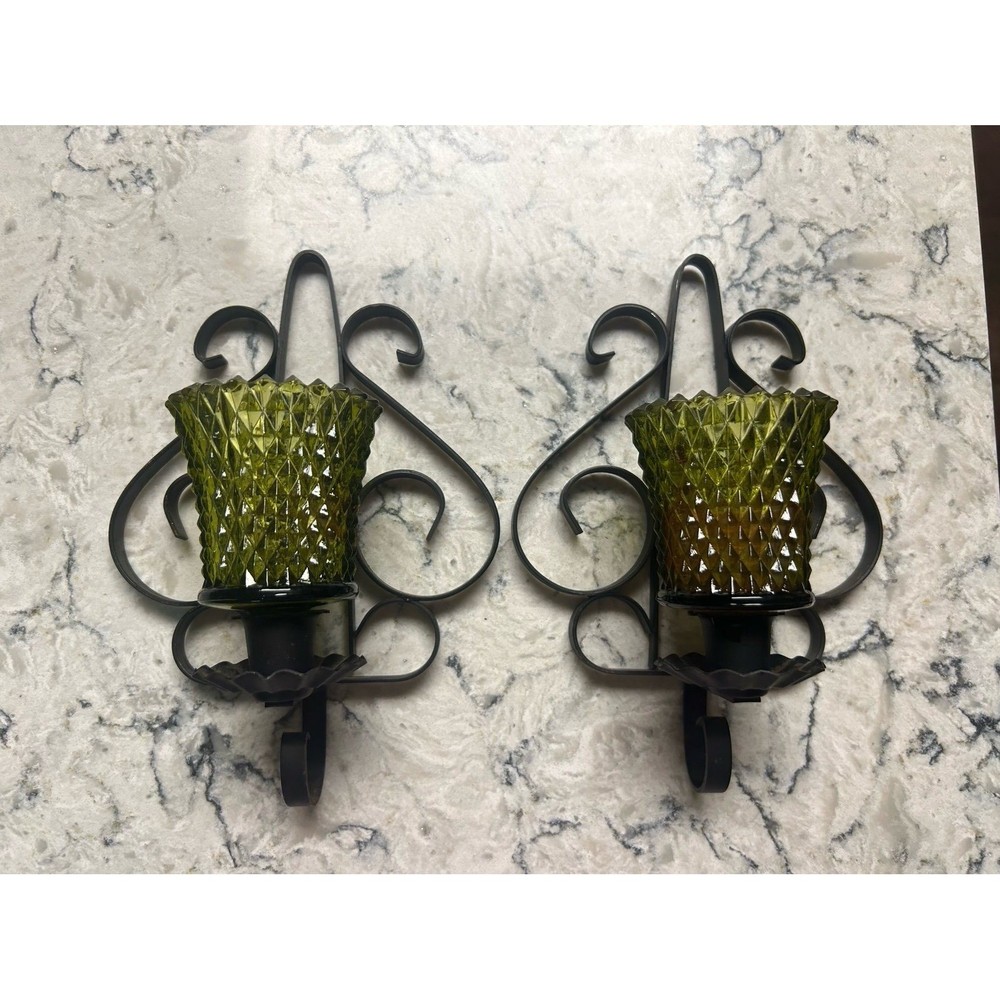 2 Metal Hanging Wall Scones Green Candle Holder Votives Vintage Pair WroughtIron