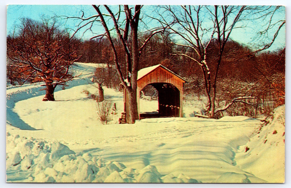 Vintage Photo Postcard Churchill Road Covered Bridge Snow Columbiana County Ohio