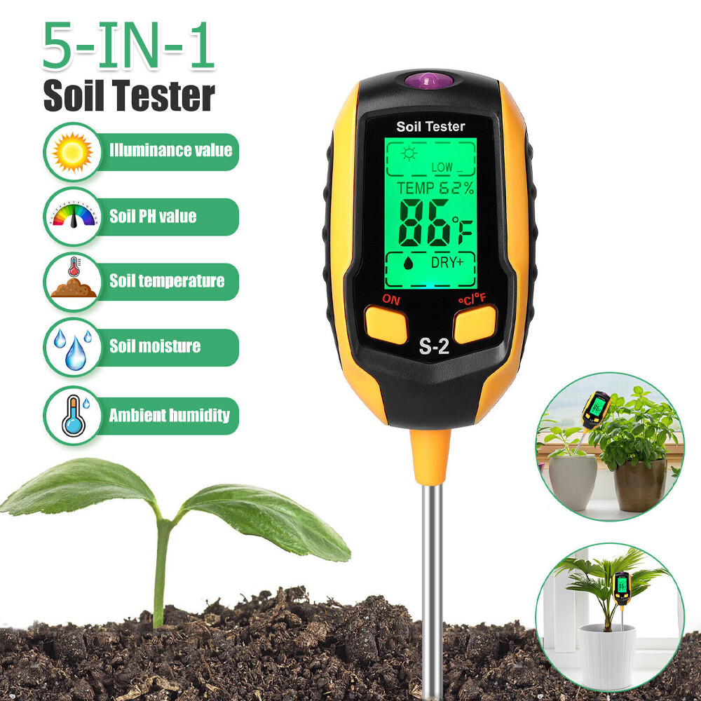 Digital 5 in 1 LCD Soil PH Meter Tester Moisture Humidity LED Light Garden Plant
