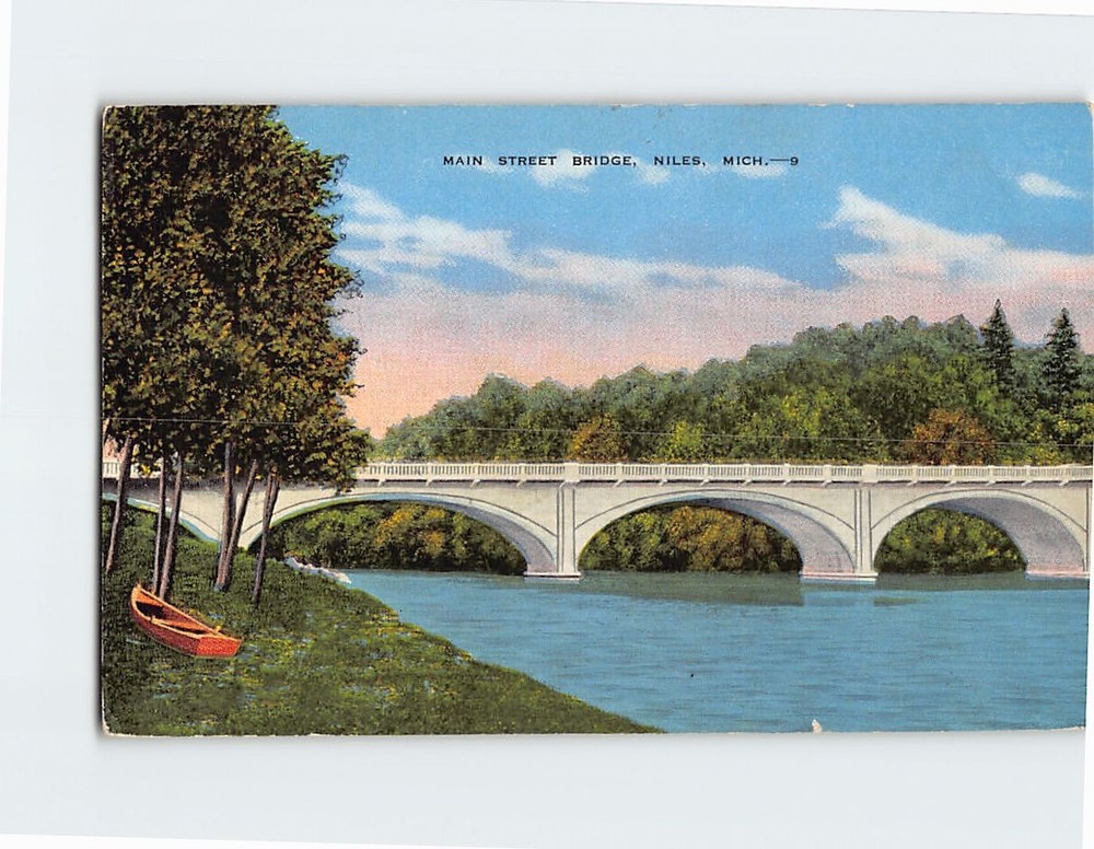 Postcard Main Street Bridge Niles Michigan USA