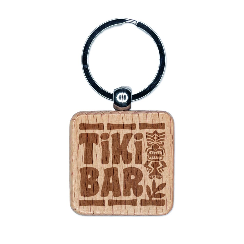 Personalized Tiki Bar Engraved Wood Keychain Tag - Square Charm