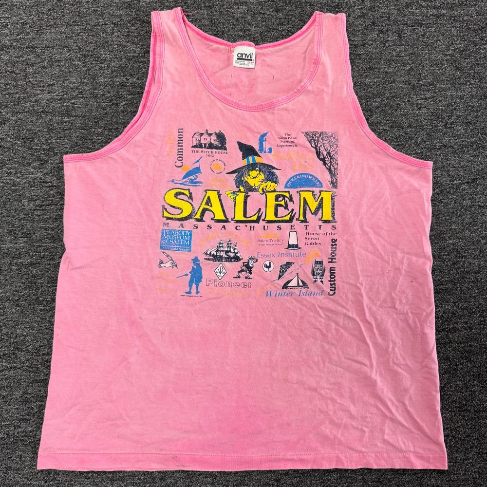 Vintage 90s Salem Massachusetts Witch Souvenir Tank Top T-Shirt Sz L Pink