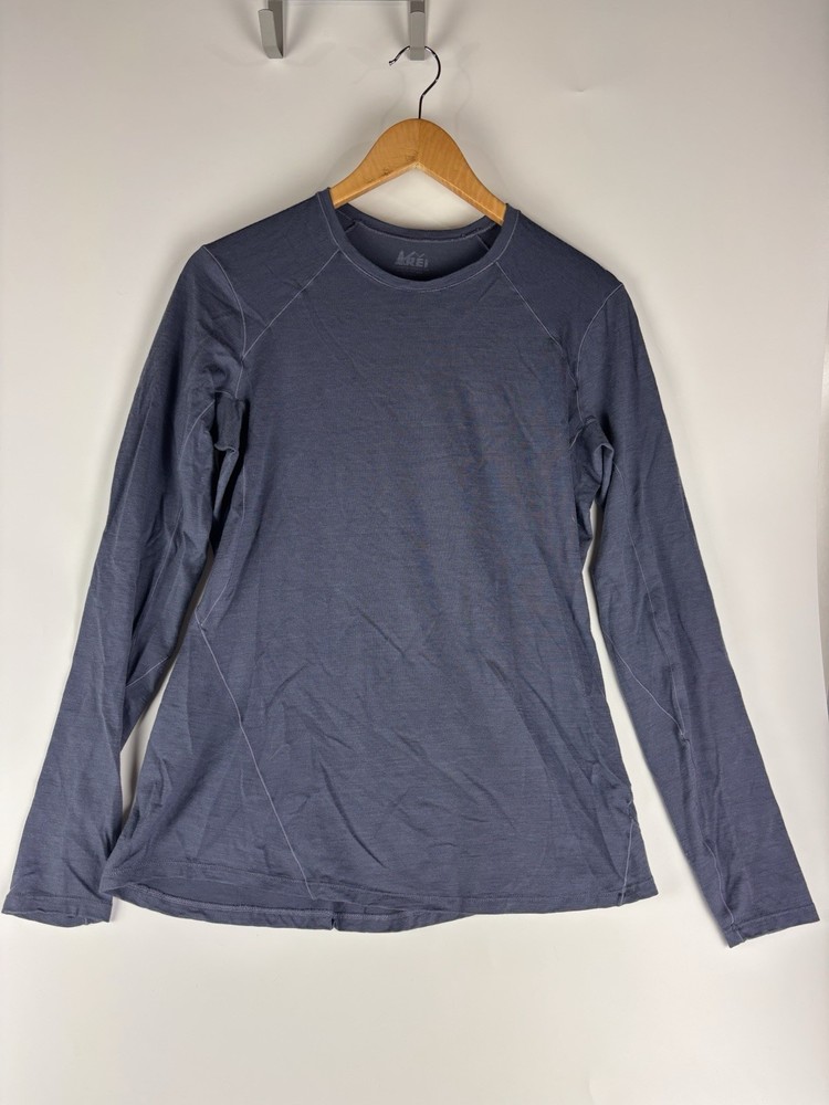 REI Womens Sz LARGE 100% Merino Wool Long Sleeve Base Layer Blue Thermal