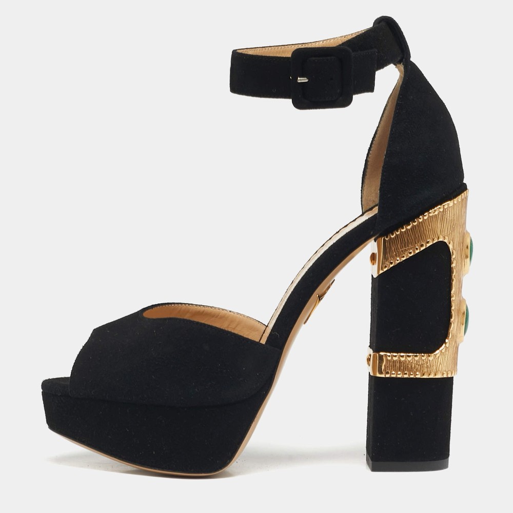 Charlotte Olympia Size 38 Black Suede Embellished Ankle Strap Platform Sandals