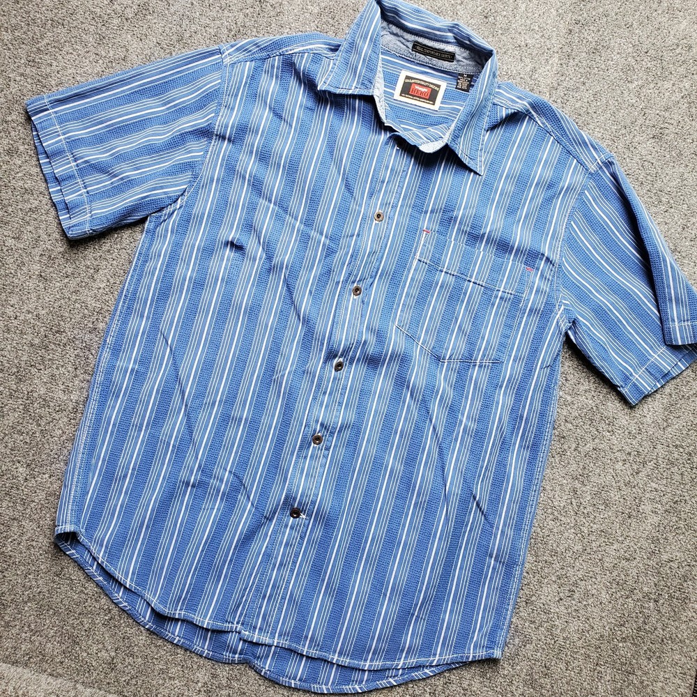 Wrangler Hero Men's Button Up Medium Blue Striped With Pocket Short Sleeve