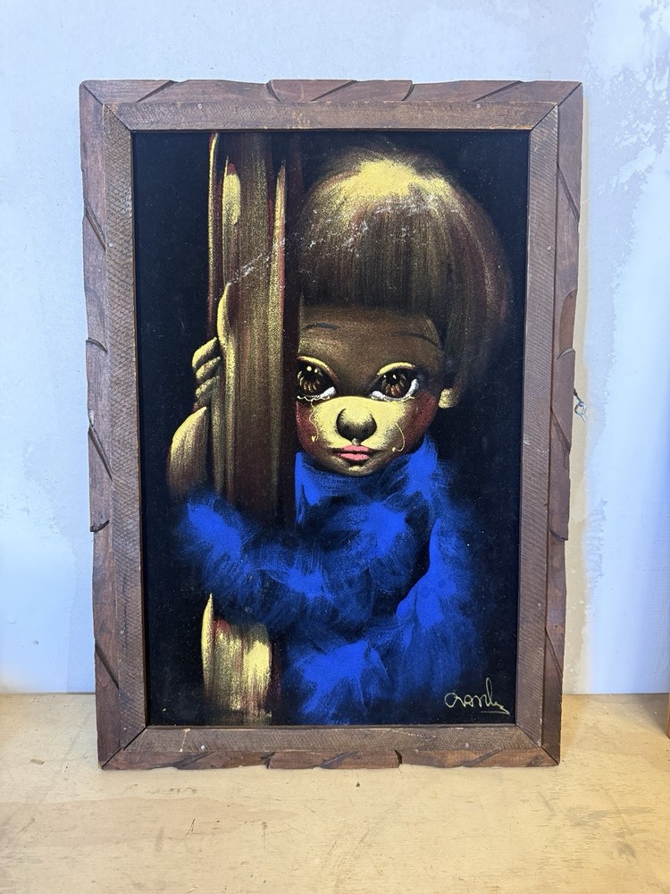 Vintage Big Eyes Crying Child Painting on Black Velvet – Signed Cronly