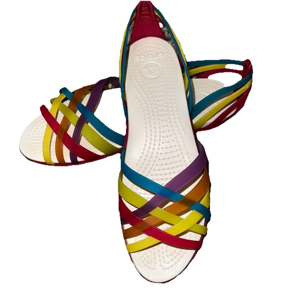 Crocs Huarache Size 9 Ballet Flat Rainbow Peep Toe Jelly Sandals Multicolored