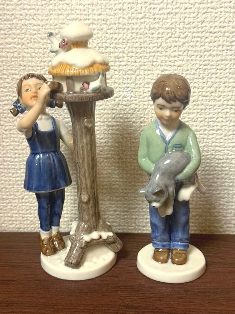 Royal Copenhagen Figurine Pair Set, Bird & Girl with Cat, Used