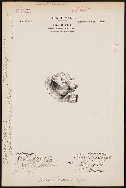 Photo:[ Chas. G. Kriel for Cream Leaf brand Hams, Bacon, and Lard]